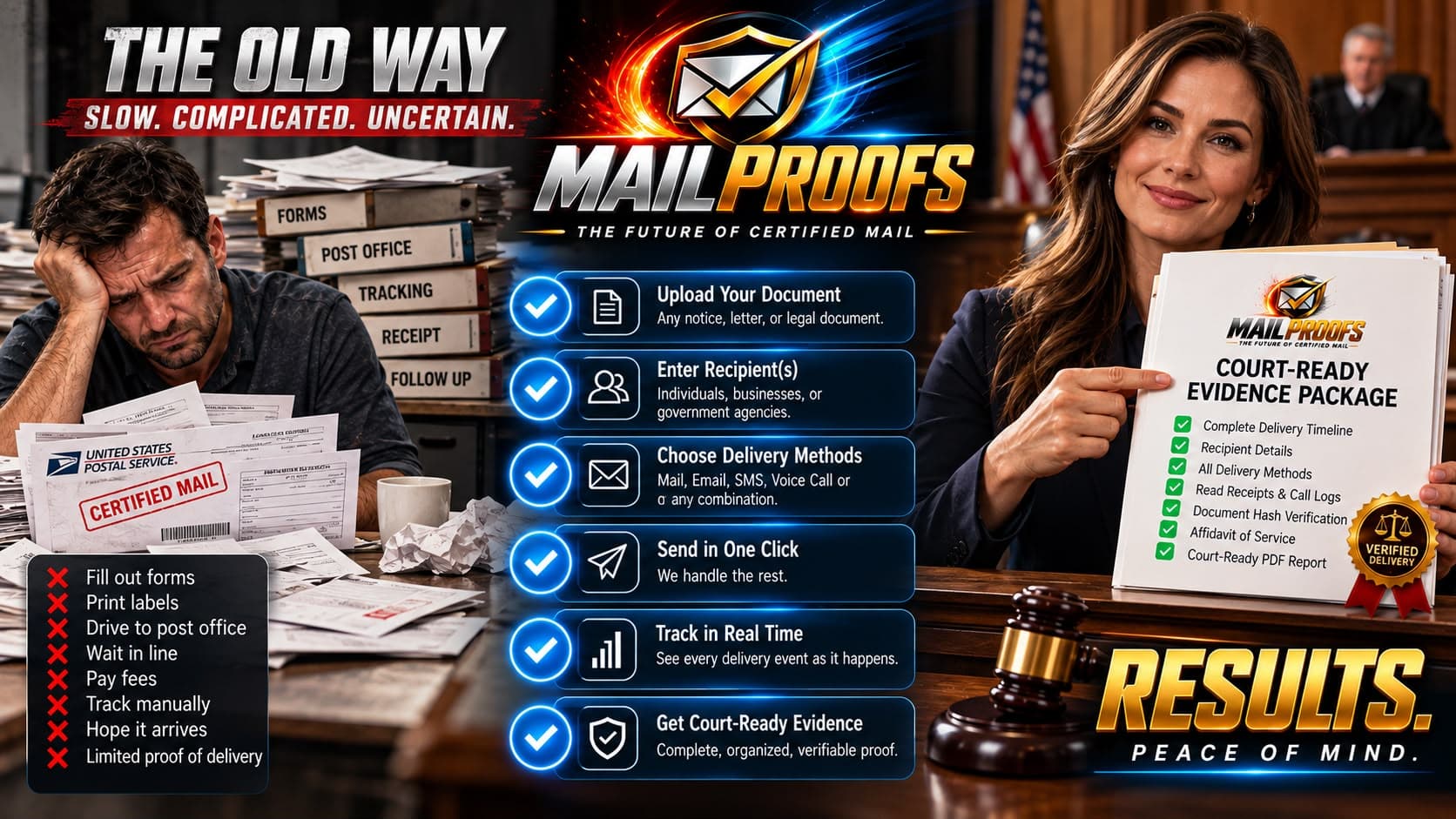 Visual comparison of fragmented notice paperwork and an organized MailProofs workflow