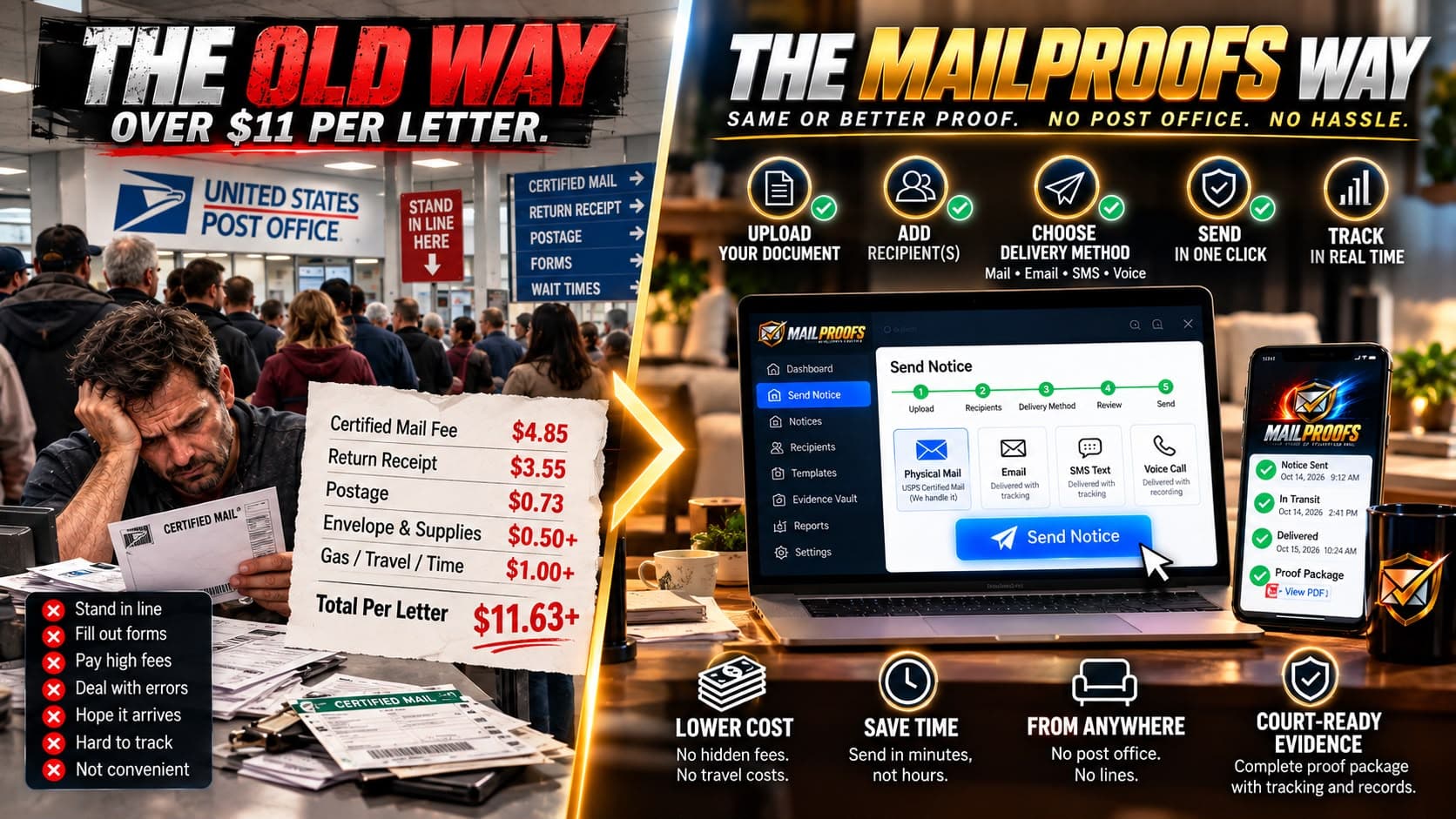 MailProofs illustration showing the benefits of a simpler, more organized notice process