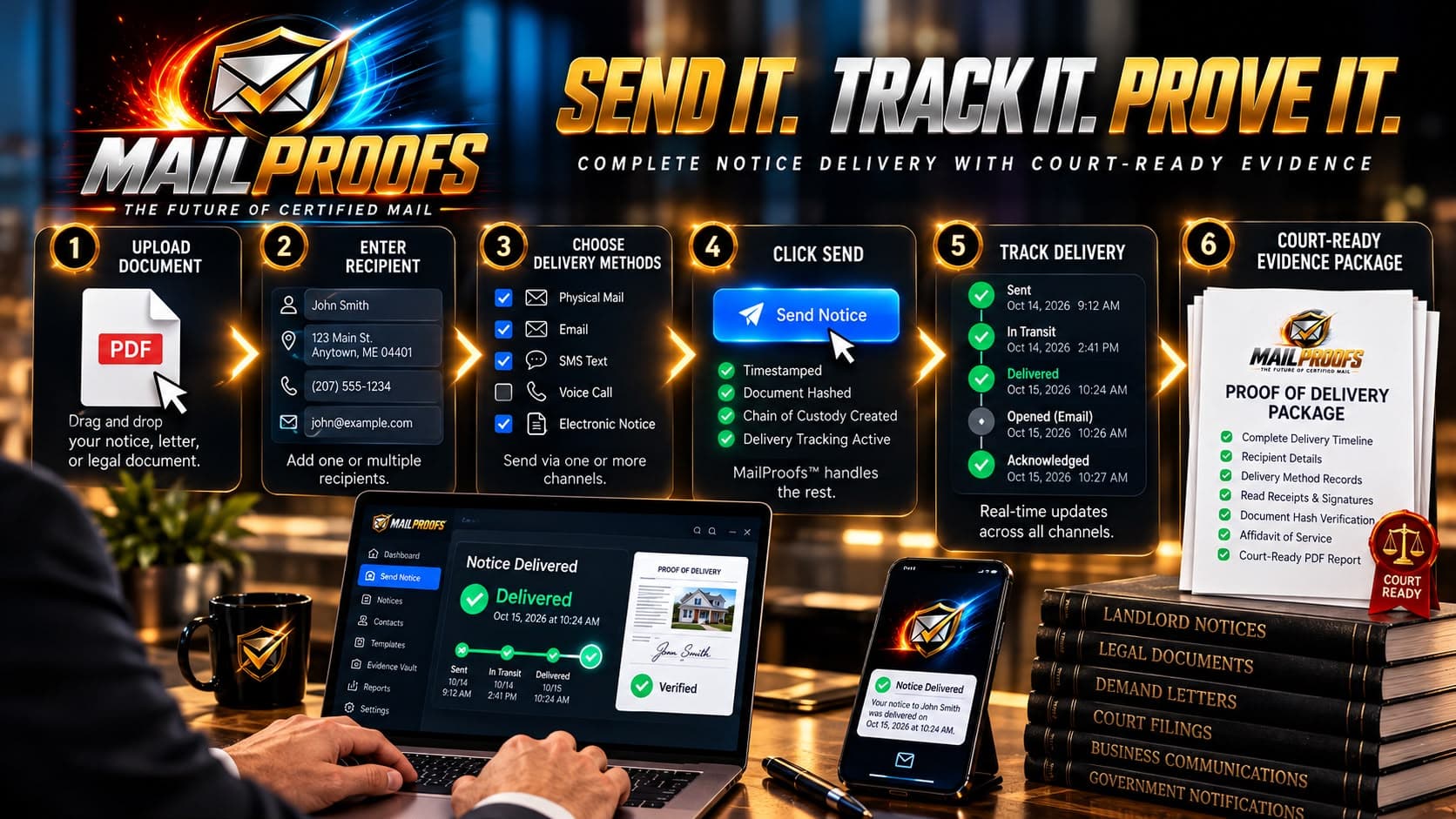 Send it, track it, prove it: MailProofs notice delivery and evidence concept